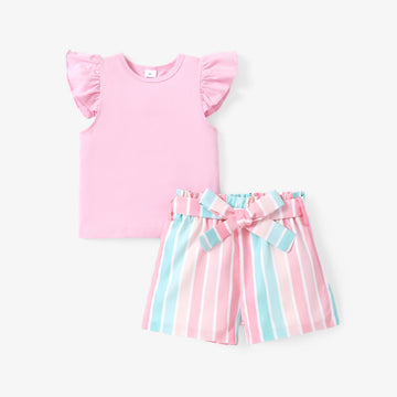 PatPat 2pcs Toddler Girl Sweet Tee and Stripe Belted Shorts